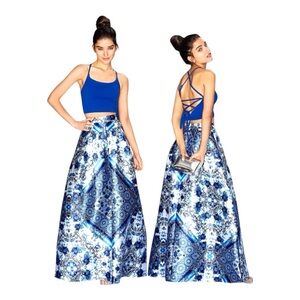 Xtraordinary Blue White Porcelain Print Maxi Skirt Size 3 Boho Resort Luxe